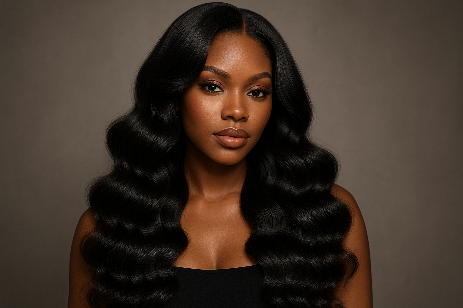 black model with body wave bundles
