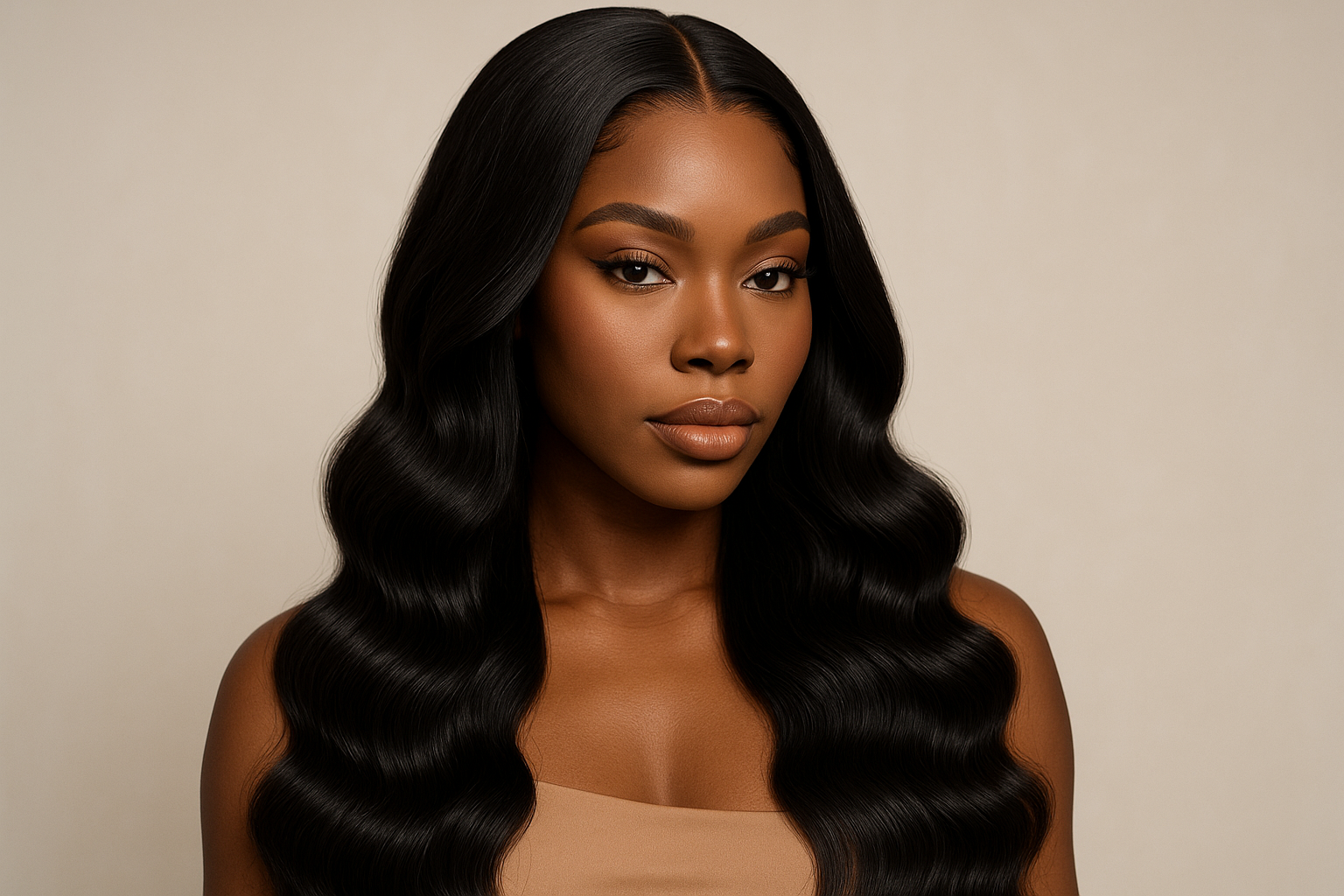 body wave closure wig on black model