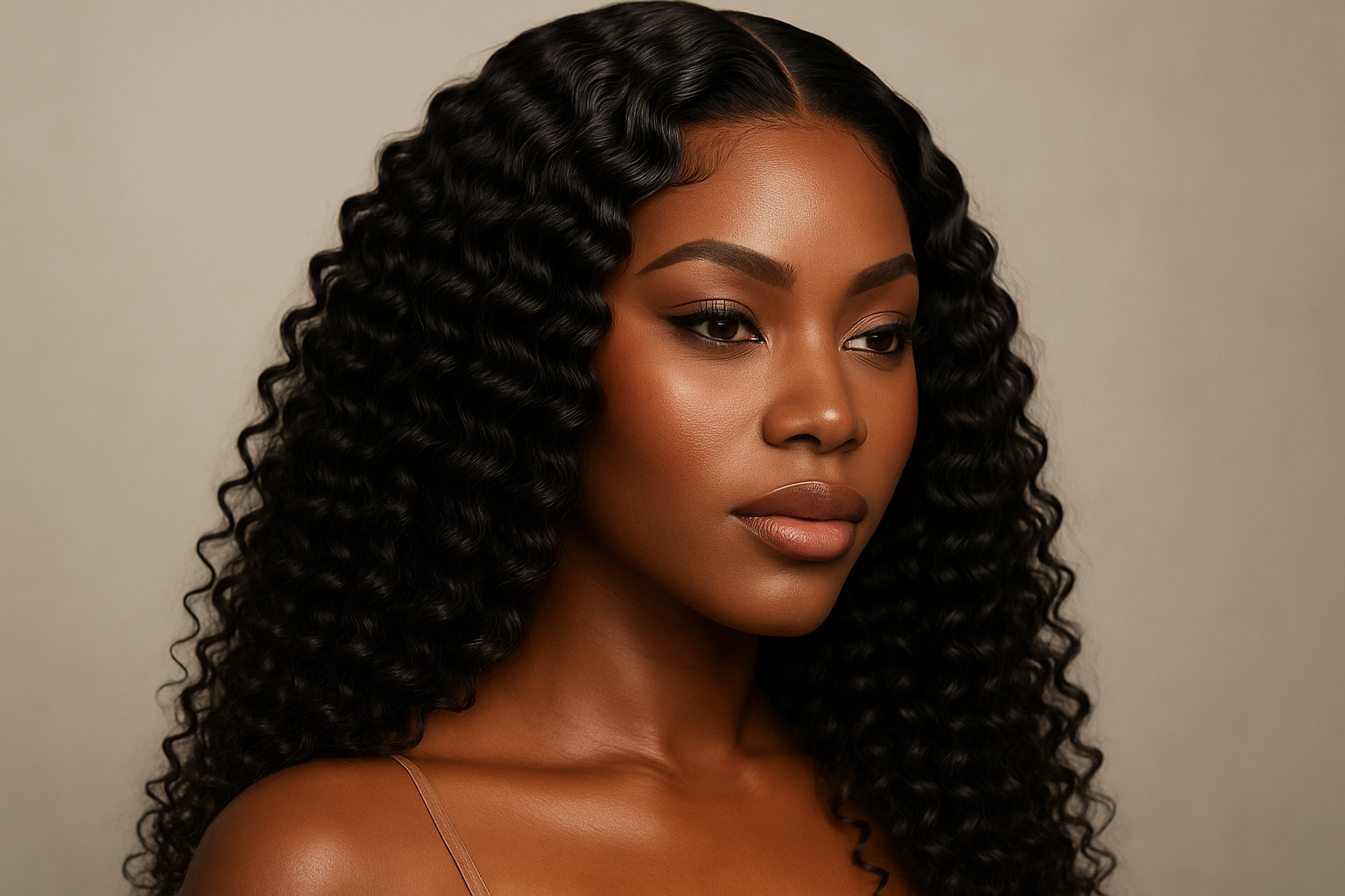 deep curly closure wig on black model